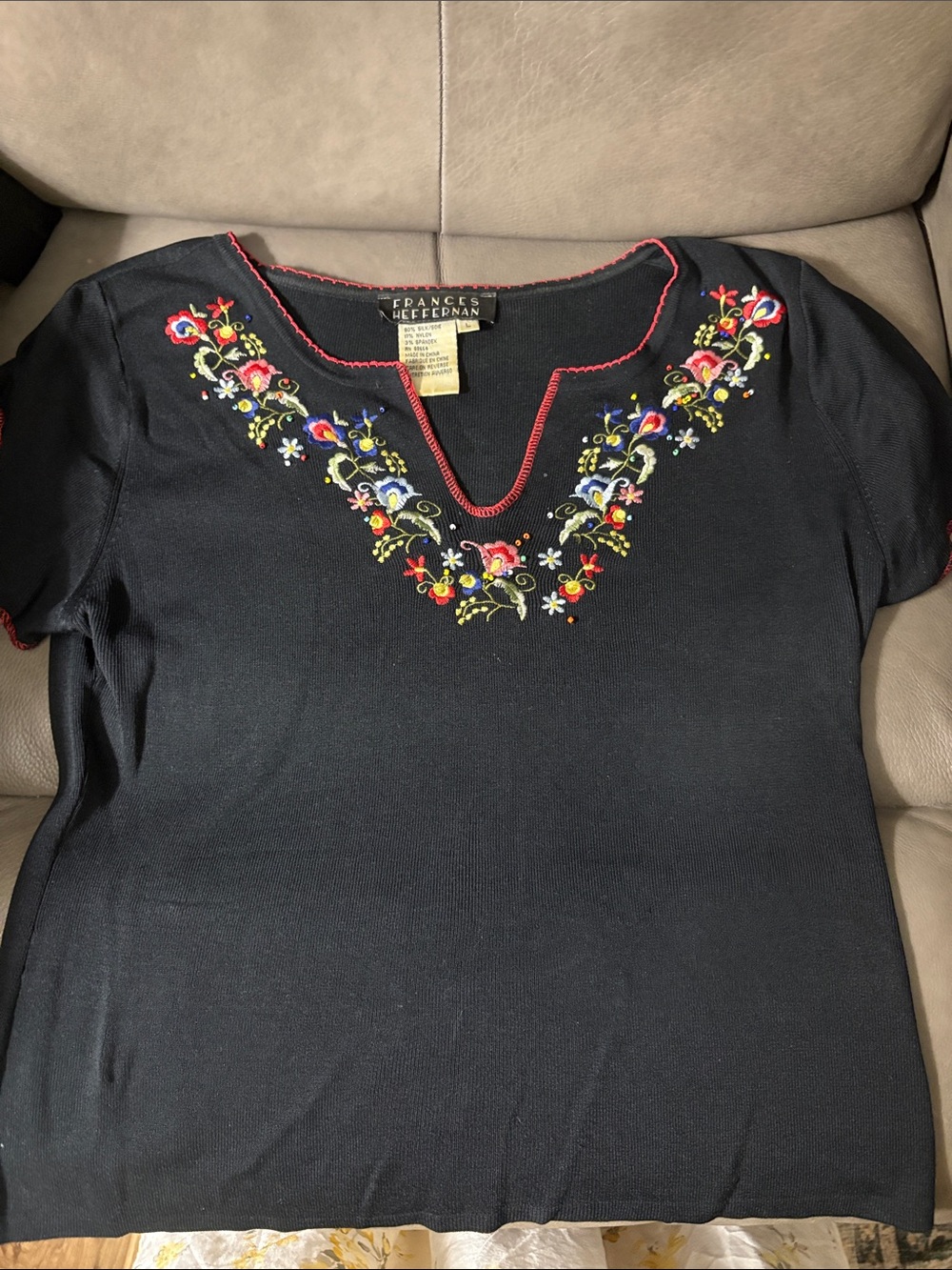 Black Short-Sleeve Embroidered V-Neck Blouse